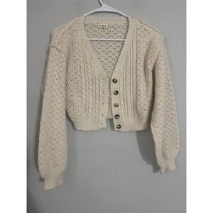POL Clothing Cream Pointelle Cable Knit Cropped Cardigan Sweater YST170 Womens M